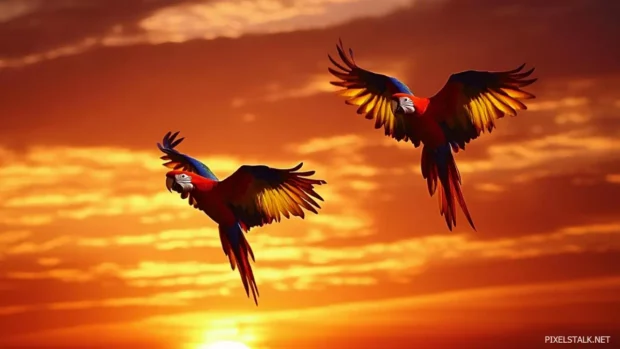 Two rainbow lorikeets flying against a sunset sky, vibrant and dynamic.