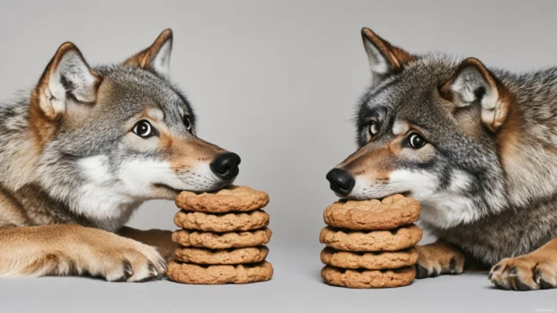 Two small wolves trying to stack cookies higher than themselves.