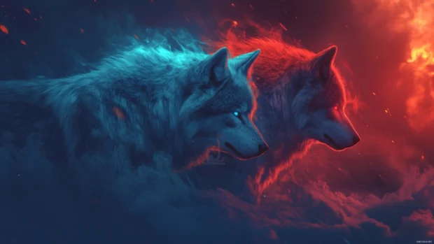 Two wolves back to back under a shattered sky, one glowing blue and one red.