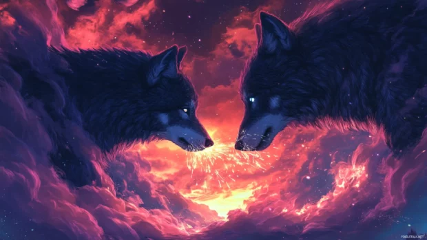 Two wolves circling each other beneath an aurora sky as sparks fly from their paws.