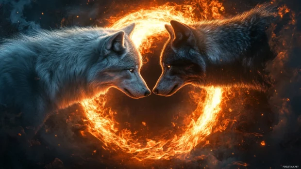 Two wolves circling each other in an artistic yin yang pattern of shadow and fire.