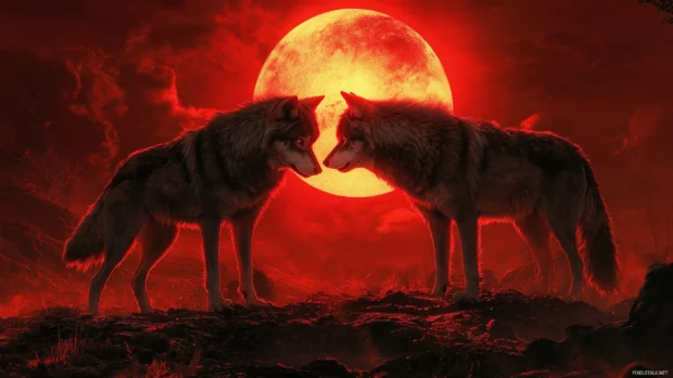 Two wolves face off under a red eclipse, one glowing with crimson light.