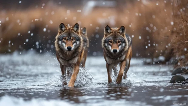 Two wolves guide their pack through a snowy river crossing.
