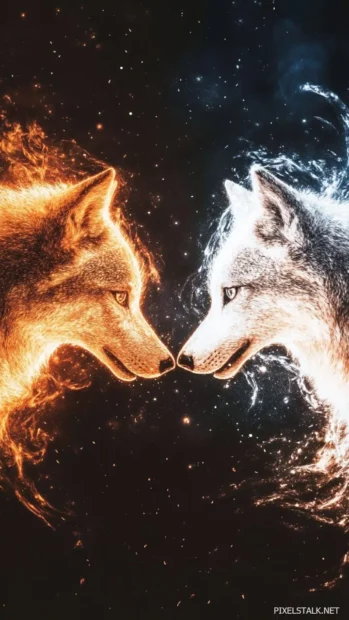 Two wolves made of light chasing each other through spiral galaxies.