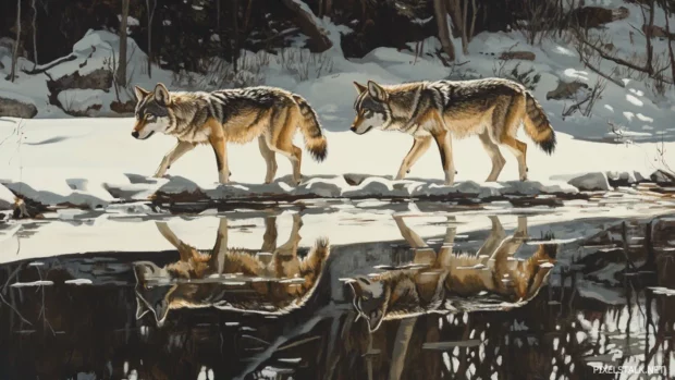 Two wolves pacing in a snowy landscape with mirrored reflections in icy water.