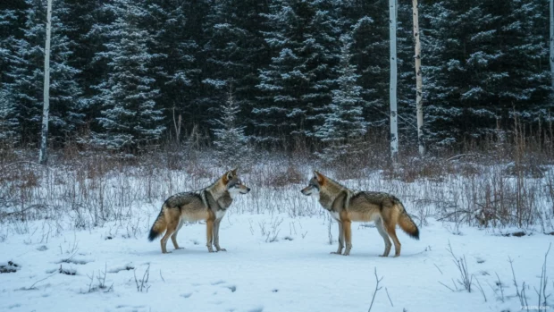 Two wolves stand across from each other in a frozen forest glade at dusk.