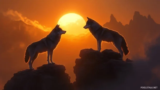 Two wolves stand on opposing cliffs during sunrise, one cloaked in light, the other in shadow.