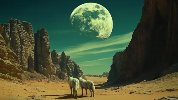Two wolves stand under a double moon in a fantasy desert landscape.