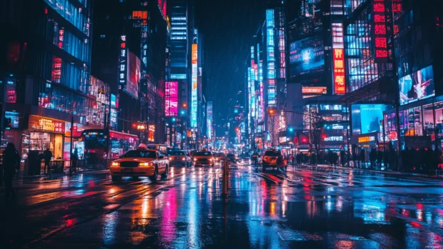 Ultra detailed night city wallpaper 4k with futuristic neon streets.