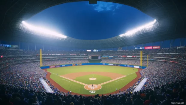 Ultra wide shot of baseball stadium during opening ceremony.
