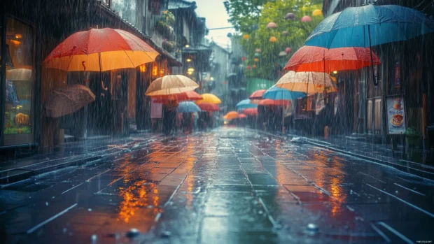 Umbrella filled street scene for a stunning raining city wallpaper.