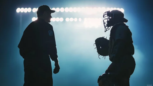 Umpire and catcher silhouette against stadium lights in a baseball scene.