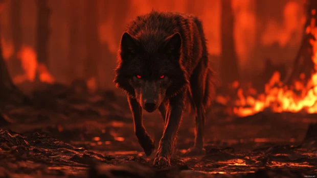 Under a blood red eclipse, a fierce black wolf walks through scorched land in this dramatic black wolf background.