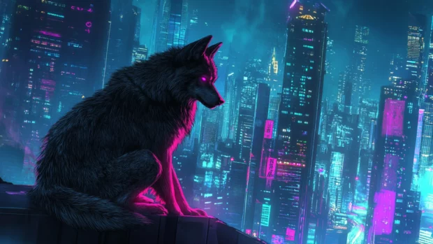 Under glowing city lights, a black wolf glows from within in this dramatic neon wolf.