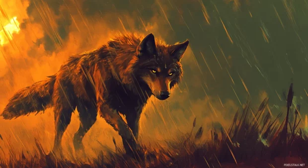 Under rain and lightning, the red wolf walks calmly through a stormy battlefield.