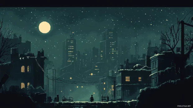Under the stars, a brooding Dark City Wallpaper scene with glowing high rises.