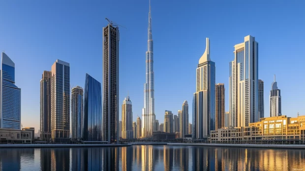 Understated Dubai skyline, notable towers, crisp blue sky.