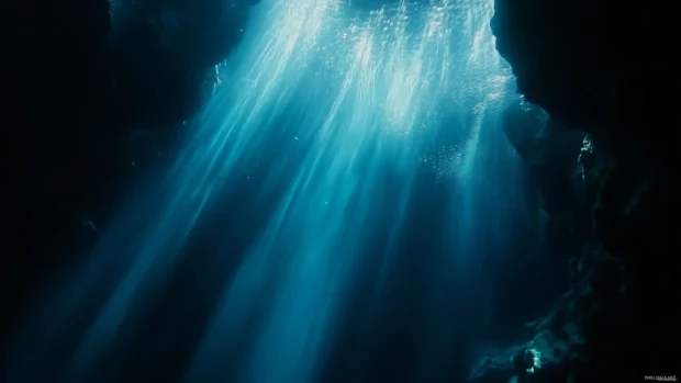 Underwater scene with shafts of sunlight piercing the water, creating blue and turquoise gradients.