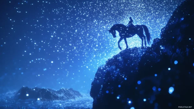 Unicorn Glitter wallpaper with sparkles raining down on a majestic unicorn under the moonlight.