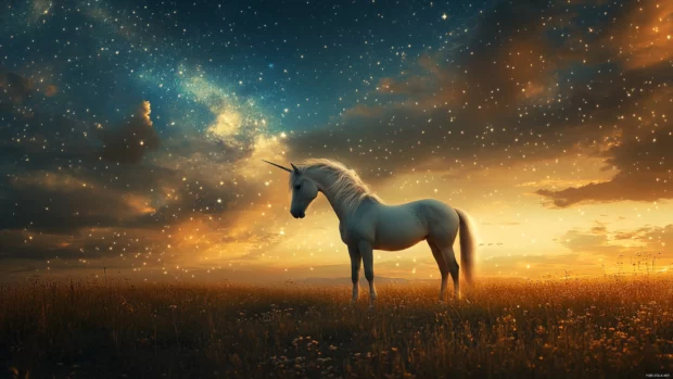 Unicorn Wallpaper 4K showing a majestic unicorn standing in a golden field under the stars.