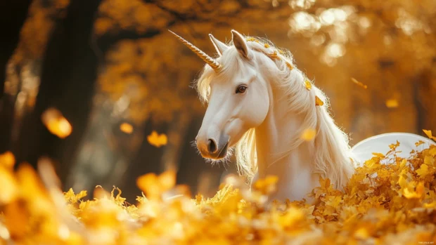 Unicorn Wallpaper 4K version with the creature surrounded by golden autumn leaves.