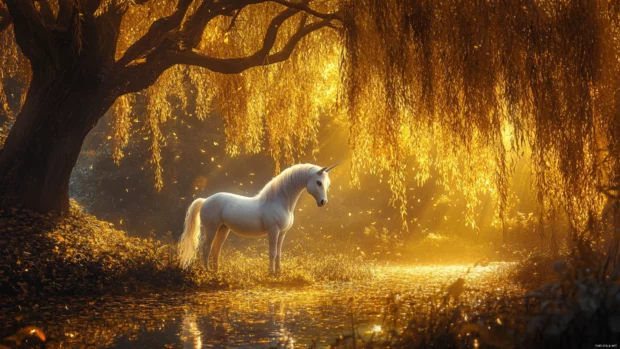 Unicorn Wallpaper 4K where the animal stands still beneath glowing willow trees.