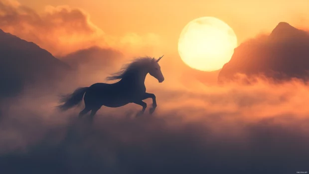 Unicorn Wallpaper 4K where the unicorn runs through misty mountains at sunrise.
