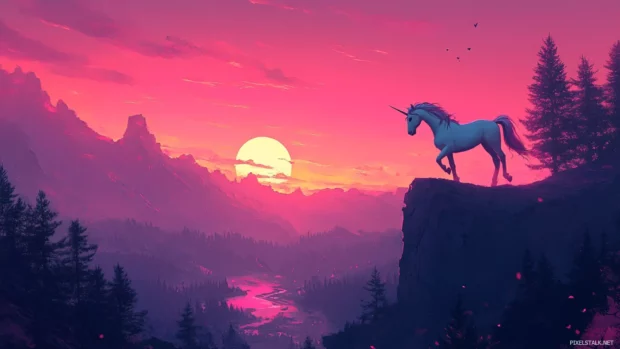 Unicorn Wallpaper capturing a majestic unicorn under glowing pink skies.
