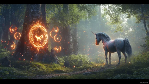 Unicorn Wallpaper screens where glowing runes light the unicorns path in a mystical forest.