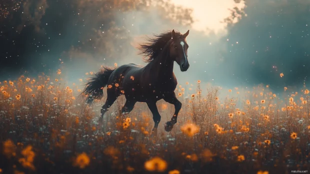 Unicorn Wallpaper screens where the unicorn gallops through a starry field of flowers.