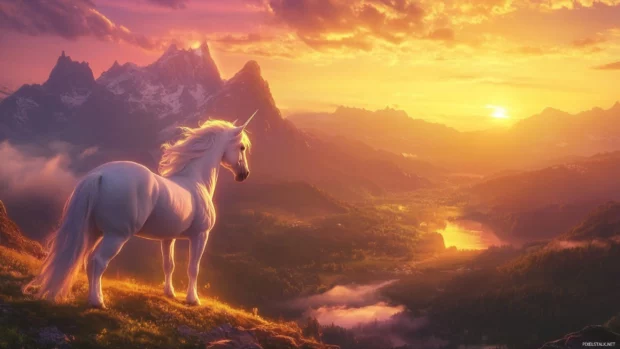 Unicorn Wallpaper screens with a majestic unicorn overlooking a glowing valley at sunrise.