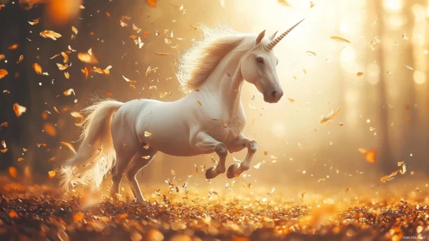 Unicorn Wallpaper screens with the animal surrounded by floating glowing feathers.