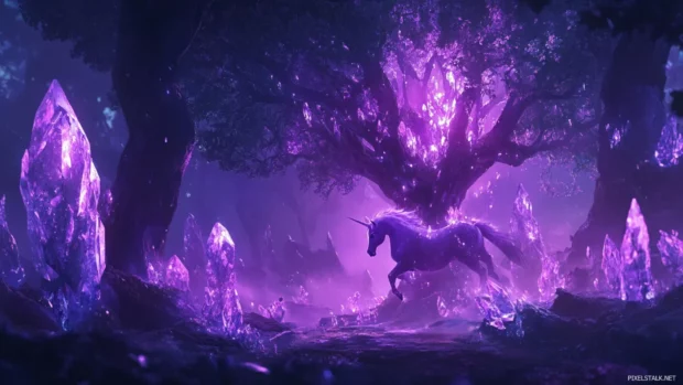 Unicorn Wallpaper where the animal is seen under glowing crystal trees.
