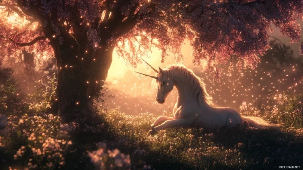 Unicorn Wallpaper where the unicorn rests beneath a glowing flower tree.