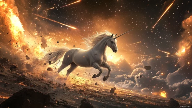 Unicorn among shooting stars in a surreal space landscape.