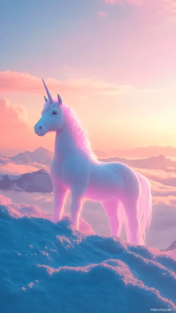 Unicorn basking in pastel sunrise from a fluffy hilltop.