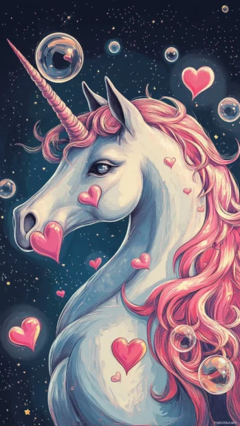 Unicorn blowing bubbles shaped like hearts and moons.
