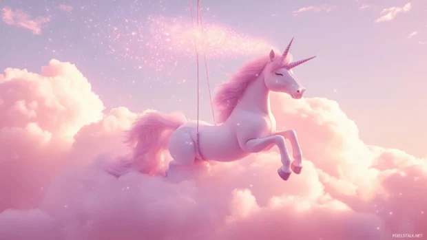 Unicorn blowing star dust while sitting on a cloud swing.