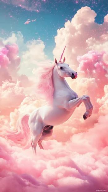 Unicorn bouncing on pink clouds over a glittery dreamland.