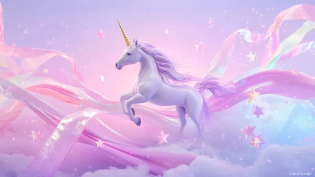 Unicorn crossing a bridge made of pastel ribbons and stars.
