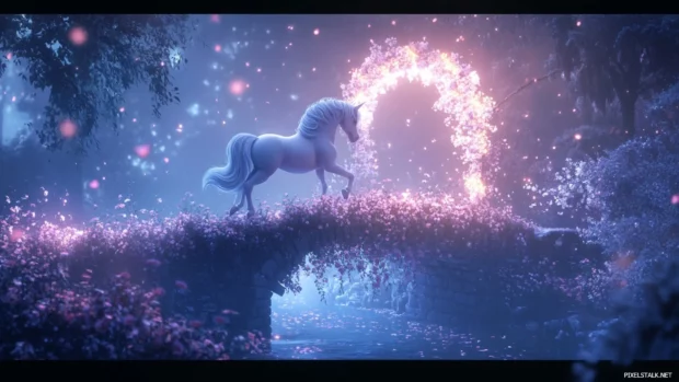 Unicorn crossing a bridge of flowers under a glowing arch.
