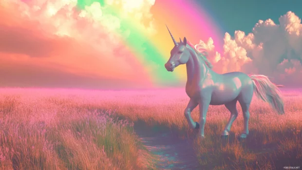 Unicorn crossing a soft rainbow arch above glowing fields.