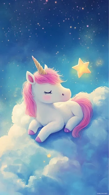 Unicorn cuddling with a tiny star pillow in the sky.