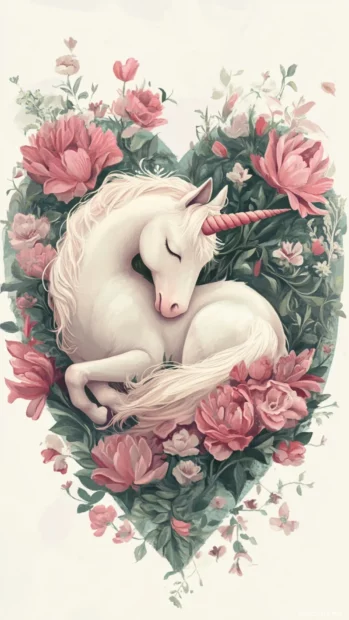 Unicorn curled up peacefully inside a heart shaped flower ring.