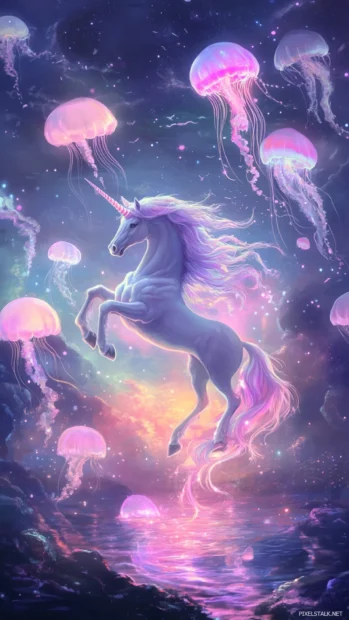 Unicorn dancing beneath floating pastel jellyfish in a glowing sea.