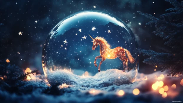 Unicorn dancing in a bubble dome lit by stars.