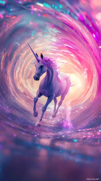 Unicorn drifting through pulsating light tunnels.
