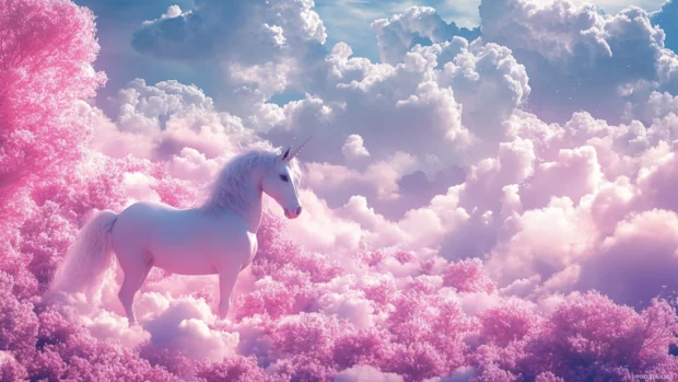 Unicorn exploring a cotton candy forest in the pastel clouds.