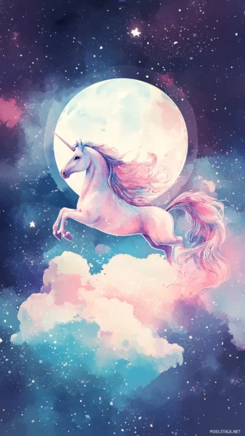 Unicorn floating in a bubble of watercolor clouds and moonlight.