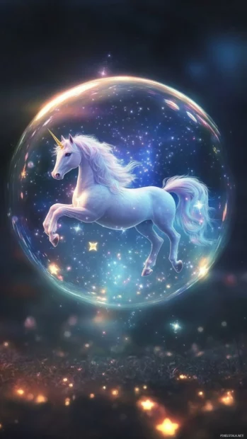 Unicorn floating in a star bubble in a magical unicorn iPhone wallpaper background.